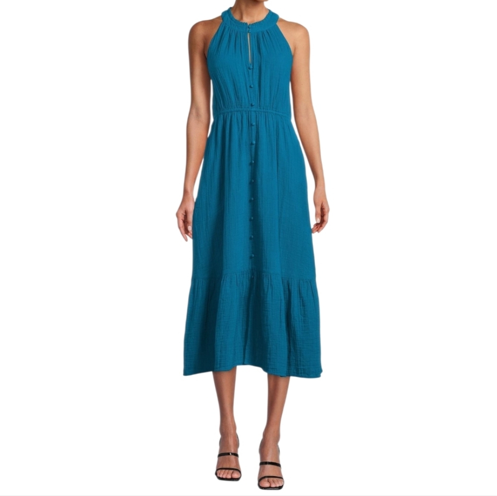Time and Tru Teal Halter Midi Dress with Button Front